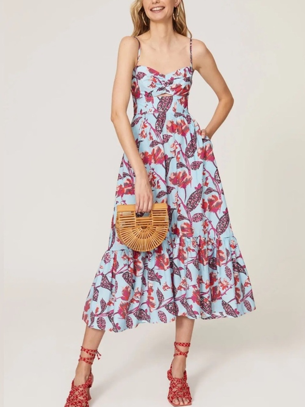 A.L.C. Emilia Midi Maxi Dress Floral Light Blue and Red Size 2